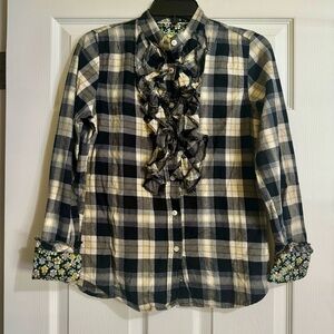 7 For All Mankind Size S Preppy‎ Ruffle Black Cream Plaid Button Down Shirt